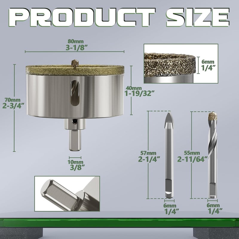 CSOOM 3-1/8"(80mm) Diamond Hole Saw with Center Drill Bit, One-Touch Positioning, Easy to Penetrate Hard Materials Such as Ceramic, Tile, Glass, Granite, Marble, etc. - Image 2